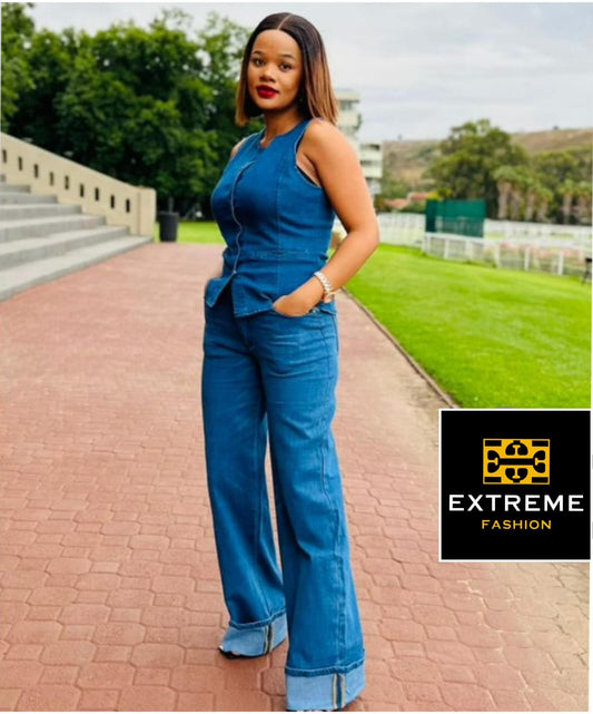 sleeveless folded denim 2pc set