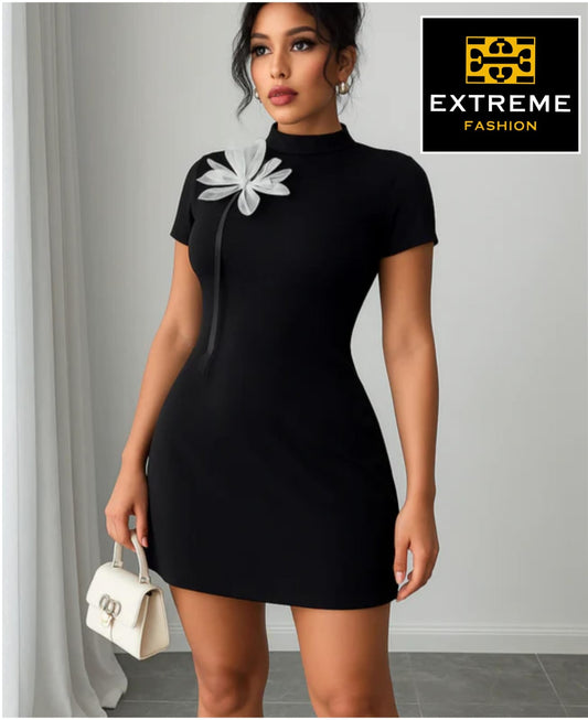 patched flower mini  black dress